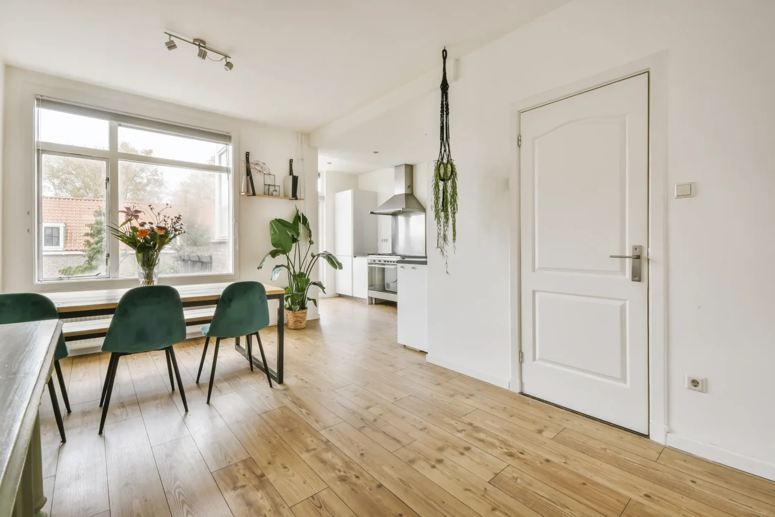 Spacious kitchen timber flooring